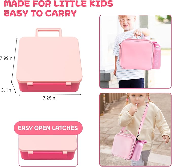 Kids Bento Lunch Box with 8oz Soup Thermo, Water Bottle, Leakproof Lunch Food Containers with 4 Compartment, Kids Insulated Hot Food Jar with Lunch Bag for School(Pink)