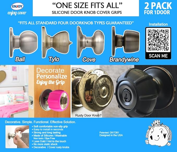 Enjoy Cover - 2 Pack Silicone Door knob Grips Maximum Grip Nonslip Arthritis & Senior Living Aids Grippy Easy Open Fits All Door Knob Universal Size Decorative (Black)