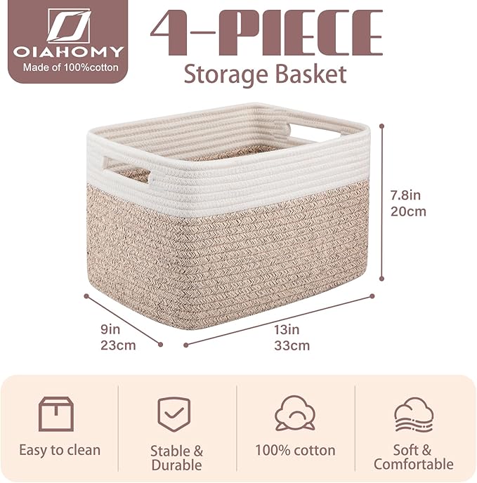 OIAHOMY 4 Pack Storage Baskets for Organizing, Basket for Shelves with Handle, Woven Baskets for Storage Toys, Towels, Books, Cotton Rope Basket 13" L x 9 " W x 7.8 " H, Brown & White