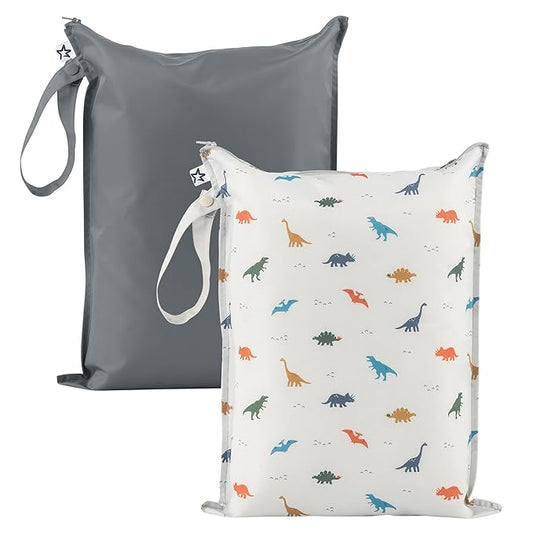 Tiny Twinkle Mess-Proof Waterproof Wet Dry Bag | 2-Pack Reusable Wet Bags for Swimsuits & Baby Clothes | Leakproof Wet Bag for Travel & Diaper Changes for Baby (Dinosaur)