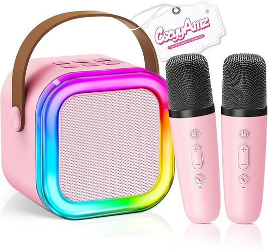 Mini Karaoke Machine for Kids Girls Boys - Birthday Gifts for Ages 4 5 6 7 8+ Year Old - 2025 New est - Portable Bluetooth Speaker with 2 Wireless Microphone - Kids' Instrument Accessories - Pink
