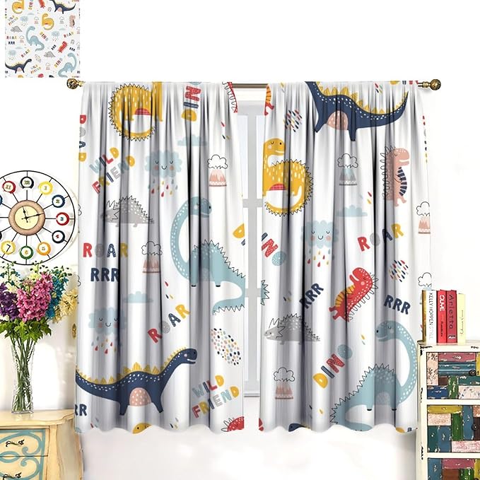 Cartoon Dinosaur Curtains for Kids Boys Girls Home Decor Colorful Cute Dino Animals Print Pattern Rod Pocket Blackout Window Drapes for Nursery Baby Bedroom Playroom W42xL84in 2 Panels