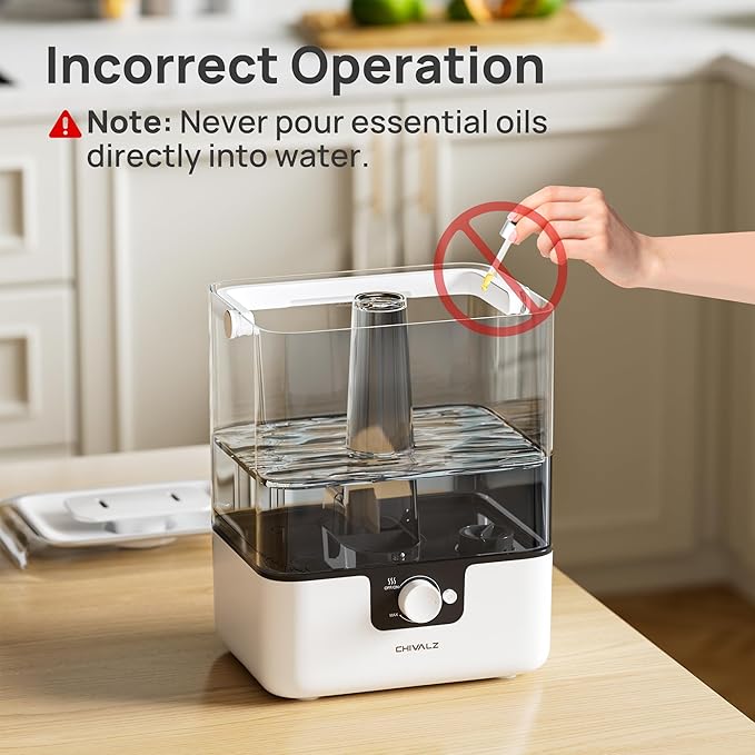 CHIVALZ 6L Humidifiers for Bedroom Large Room Home, Cool Mist Top Fill Humidifiers for Baby Nursery and Plants, 26dB Quiet, Nightlight, Up to 50 Hours, Oil Diffuser 1 Pack + 2 Mist Outlets White