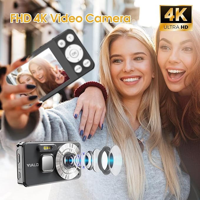 4K Digital Camera for Teens, FHD 64MP Digital Camera for Kids with 64GB SD Card, 18X Digital Zoom Cameras for Photography, Point and Shoot Video Camera for Kids, Black