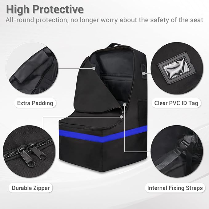 Car Seat Travel Bag - Padded, Comfortable, Durable, Roomy Gate Check Carseat Cover Backpack Fits 3-in-1，Convertible, Booster & Infant Car Seats for Airplane, Airport, Blue
