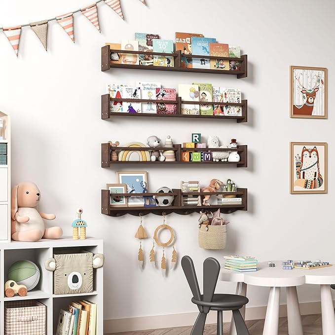 34Inch Nursery Bookshelves,Set of 4,Wall Floating Shelf Kids Coat Rack with 6Hooks,Hanging Book Shelf for Baby Nursery Room Décor (Dark Brown, 34)