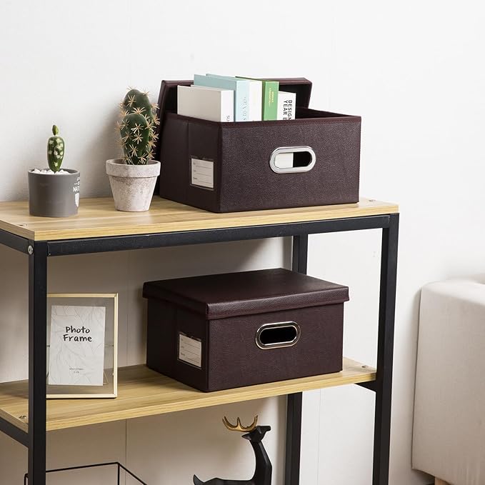 PRANDOM Collapsible Storage Box with Lid [1-Pack] Leather Fabric Foldable Storage Bin Organizer Container Basket Cube with Cover for Home Bedroom Closet Office Nursery Brown (13.6x9.6x6.9)