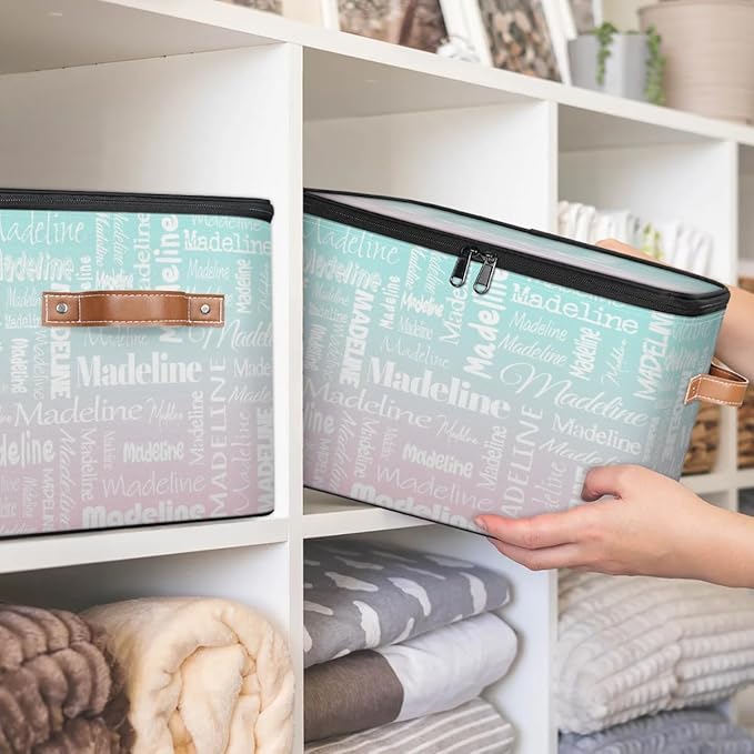 Custom Storage Basket with Name, Personalized Storage Bins with Zipper Lid, Foldable Fabric Storage Box Large capacity with Handle Green Pink