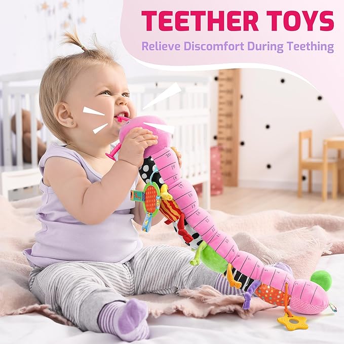 Sumobaby Baby Toys 0-6 6-12 Months,Music Caterpillar Plush Toy with Baby Mirror, Pull String&Crinkle Rattle,Infant Sensory Toys,Tummy Time for 0-3-6-12 Month Boys Girls Newborn Gifts (Pink-Branch)