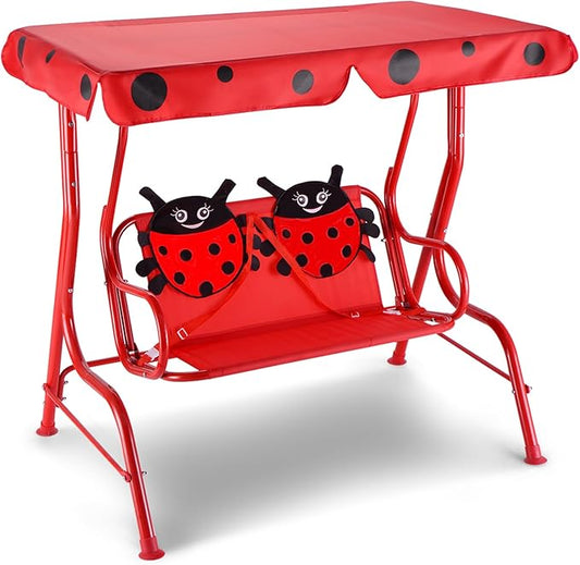 GLACER Porch Swing, Kids Patio Hammock w/Adjustable Canopy & Stand, Safety Belt, 2 Seats Outdoor Swing Bench, Metal Frame Hanging Lounge Chair, Swing Sets for Backyard, Garden, Poolside (Red Ladybug)