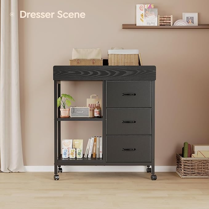 Changing Table Dresser, Baby Dresser with 3 Fabric Drawers and 2 Shelves, Multi-Functional Baby Changing Table with Pad, Classic Nursery Dresser, Diaper Changing Station for Nursery, Black