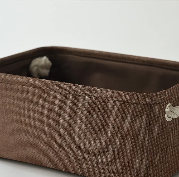 TheWarmHome Small Fabric Canvas Storage Bin with Cotton Rope Handles - Foldable Empty Basket for Gift (Brown-1 Pack,11.8L7.9W5.2H inch)