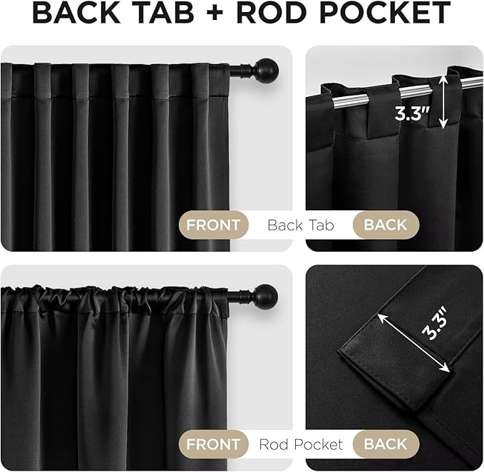 Joydeco 72 Inch Blackout Curtains for Bedroom, Black Out Curtains 72 Inch Long, Room Darkening Curtains & Drapes for Living Room Window Rod Pocket Back Tab (W52 x L72 Inch, Black)