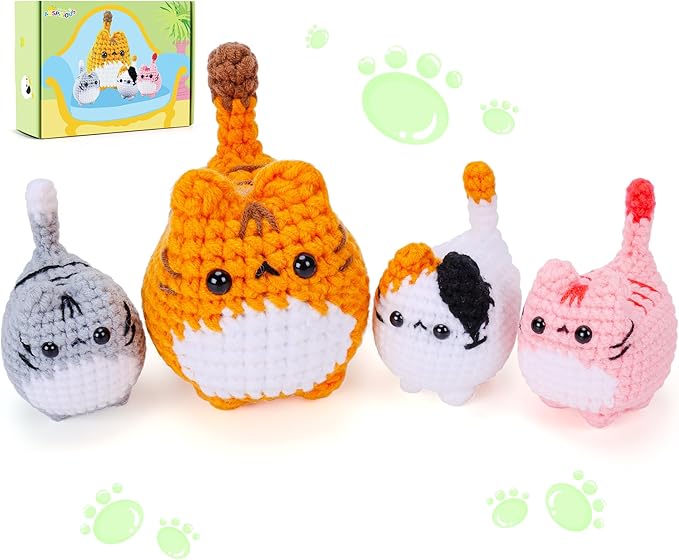 Crochet Kit for Beginners-4PCS Cat Crochet Kits for Adults, Crochet Starter Kit with Step-by-Step Video Tutorials, Crochet Animals Kits DIY Craft Knitting Kit Learn to Crochet Kits for Adults