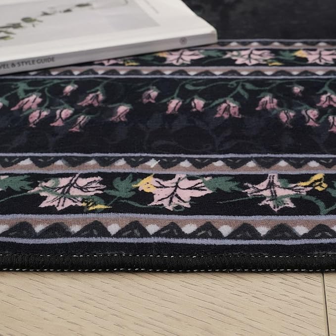 5x7 Area Rugs Impressionist-Style Vintage Washable Area Rug Non Slip Low Pile Large Rugs for Living Room Bedroom Farmhouse Dining Room Kids Playroom, Black