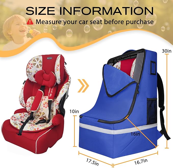 Car Seat Travel Bag for Airplane, Infant Seat Carrier with Shoulder Strap, Padded Backpack with Reflective Stripes, Blue