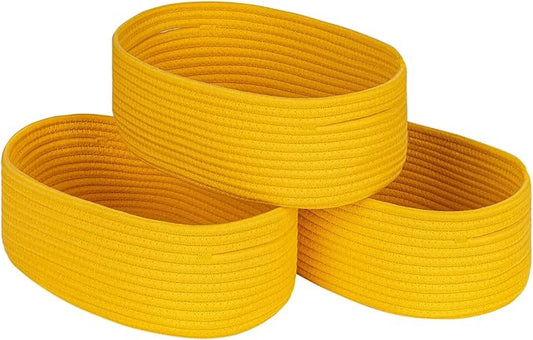 Shelf Storage Baskets for Organizing|Decorative Basket for Closet Storage|Toy Baskets&Bins|Small Woven Rope Baskets-13x8.66x5.11’’,Durable&Stylish,Oval 3 Packs Yellow