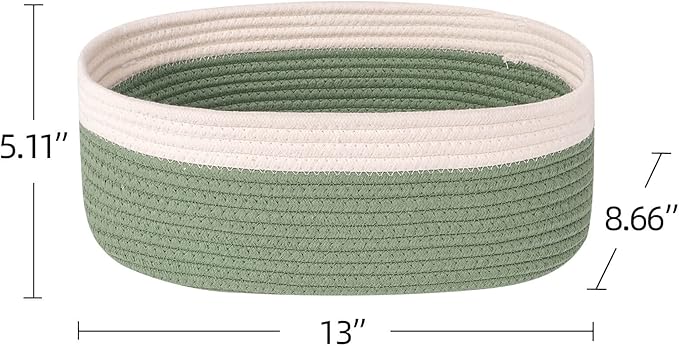 Shelf Storage Baskets for Organizing|Cute Basket for Closet&Blanket Storage|Small Woven Baskets to Store Toys,Books,etc.-13x8.66x5.11’’ Cotton Rope,Stylish,Oval 3 Packs Off White&Green