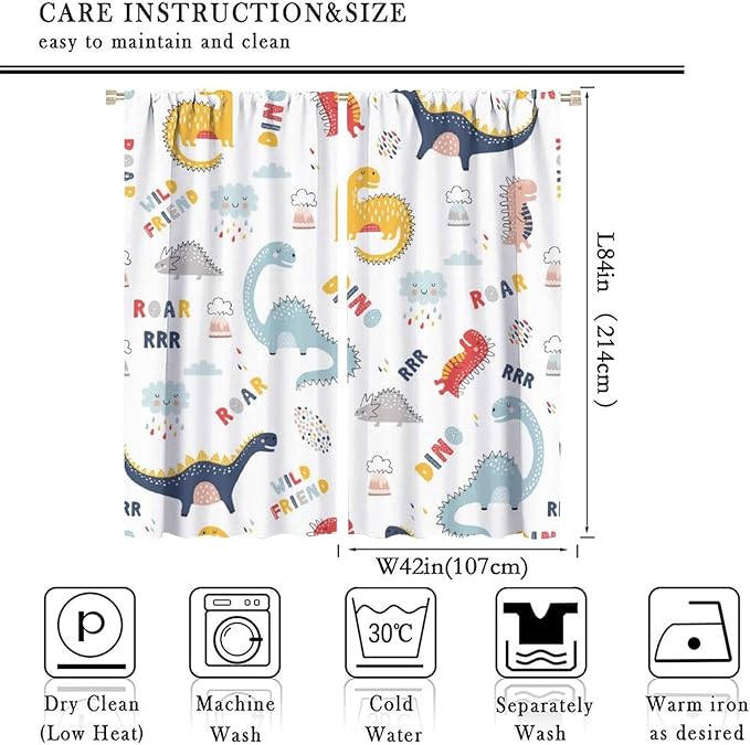 Cartoon Dinosaur Curtains for Kids Boys Girls Home Decor Colorful Cute Dino Animals Print Pattern Rod Pocket Blackout Window Drapes for Nursery Baby Bedroom Playroom W42xL84in 2 Panels