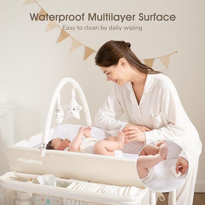 Baby Changing Table with Wheels, Maydolly Portable Foldable Changing Table, Waterproof Diaper Changing Station, Adjustable Height Changing Station, Mobile Nursery for Newborn and Infant (Beige)