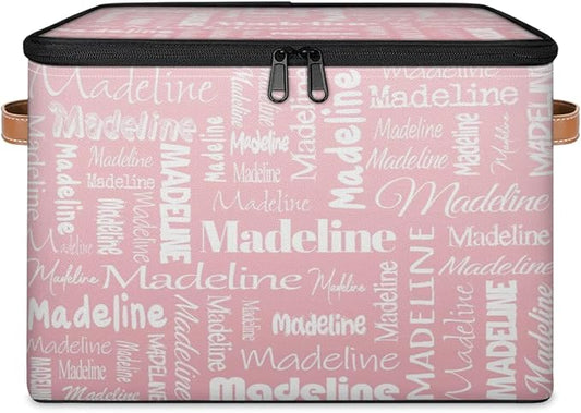 Custom Storage Basket with Name, Personalized Storage Bins with Zipper Lid, Foldable Fabric Storage Box Large capacity with Handle Pink