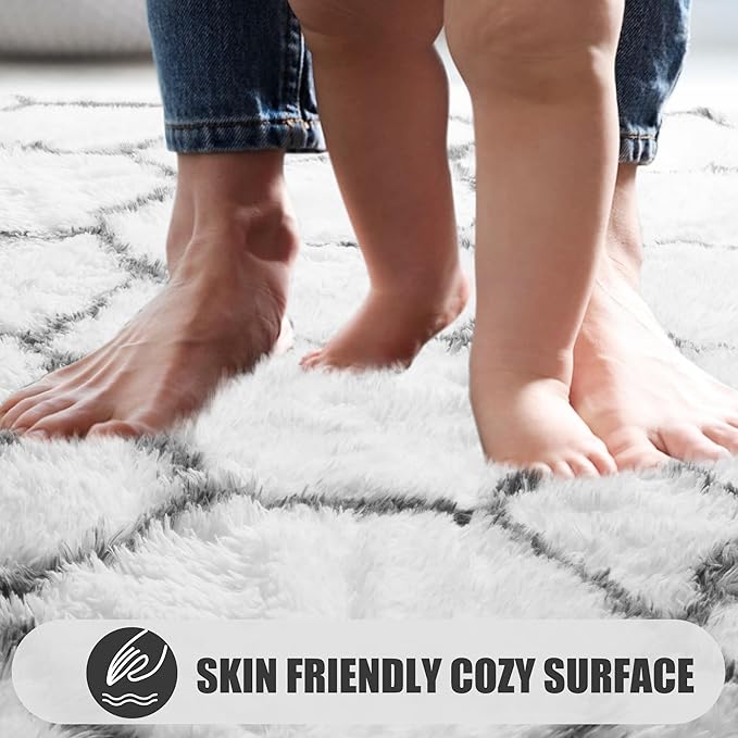 ONASAR Area Rugs for Living Room, Washable 5x8 Fluffy White and Grey Rug for Bedroom, Geometric Moroccan Indoor Shaggy Boho Soft Plush Floor Carpet for Kids Teen Nursery Dorm Home Decor Aesthetic