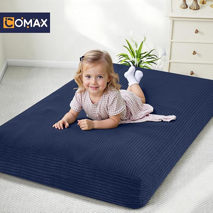 COMAX Kids Bean Bag Chair Turn into Beanbag Bed, Toddler Bean Chair Corduroy for Girl Boy Sleeping, Lazy Children Bean Bags with Filler, Convertible Child Floor Mattress, Dark Blue