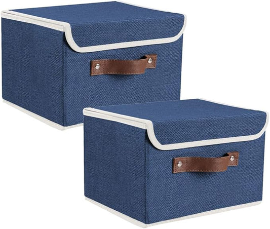 Lucky Monet Storage Bins Boxes with Lids 2 Pack Decorative Storage Boxes Collapsible Fabric Storage Basket Containers Lidded Storage Cube for Organizing Closet Home Office, 15"x 10"x 10" (Blue)