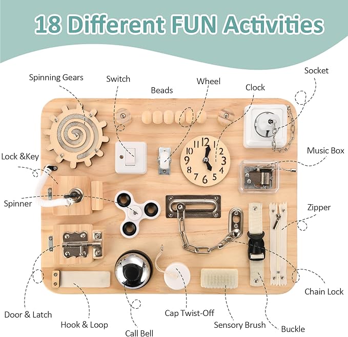 Wooden Busy Board for Toddlers - Montessori Sensory Activity Board for Fine Motor Skills and Early Learning - Travel Toys for Kids - Sensory Toys for autism or ADHD - Ideal for Educational Gifts