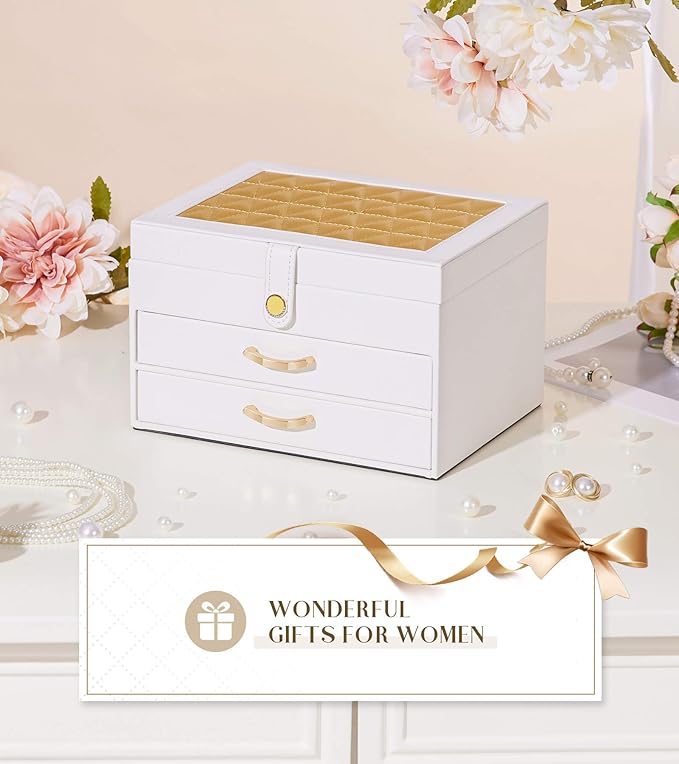 White Jewelry Box Organizer: Home Decor for Women - 2-Drawer Holder for Valentine’s Day Birthday Christmas White Gold