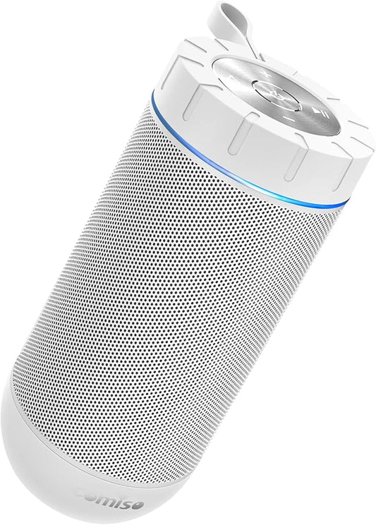 comiso X26 Bluetooth Speaker, IPX4 Waterproof Speakers 360° HD Surround Sound with Punchy Bass, Wireless Dual Pairing, 24H Playtime, Portable Speaker for Shower, Home, Outdoor, Camping, Beach-White