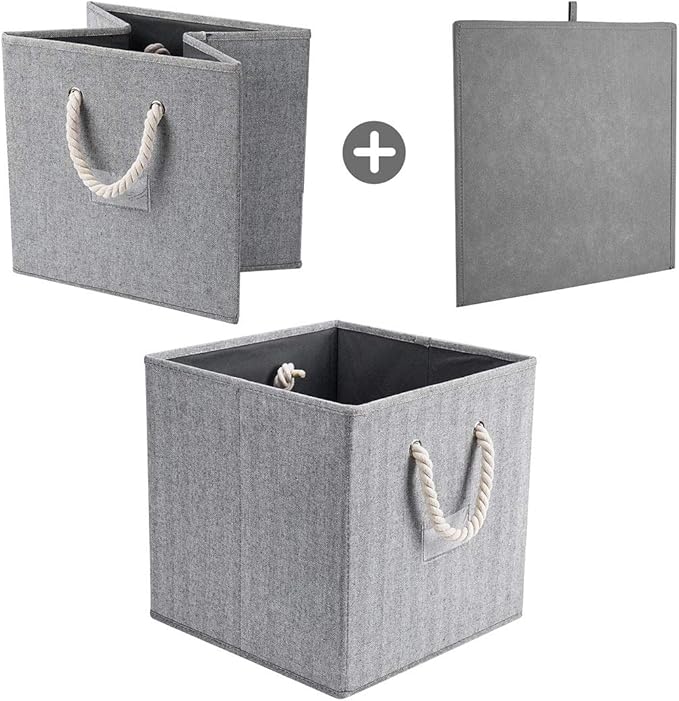 Robuy Cube Storage Bins,Grey Fabric Foldable Storage Bins,Set of 3 Stroage Boxes with Cotton Rope Handles for Organizer Home,Office, Nursery 13x13x13 inch