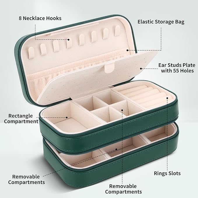 DesignSter Small Travel Jewelry Box with Double Zipper, 2 Layers PU Portable Jewelry Case for Women and Girls,Travel Jewelry Organizer for Rings, Earrings, Necklaces, Bracelets,Dark green