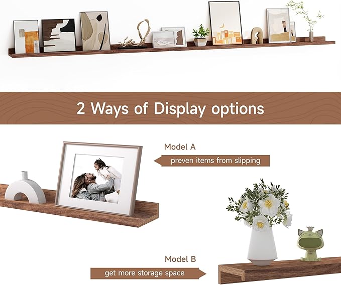 Floating Picture Ledge Shelves for Wall Set of 2, 84 Inches Picture Ledge Shelf with Long Large Nursery Book Shelf for Toys Storage Kids Bookshelf Wall Mounted Living Room Bedroom Decor Frames, Walnut