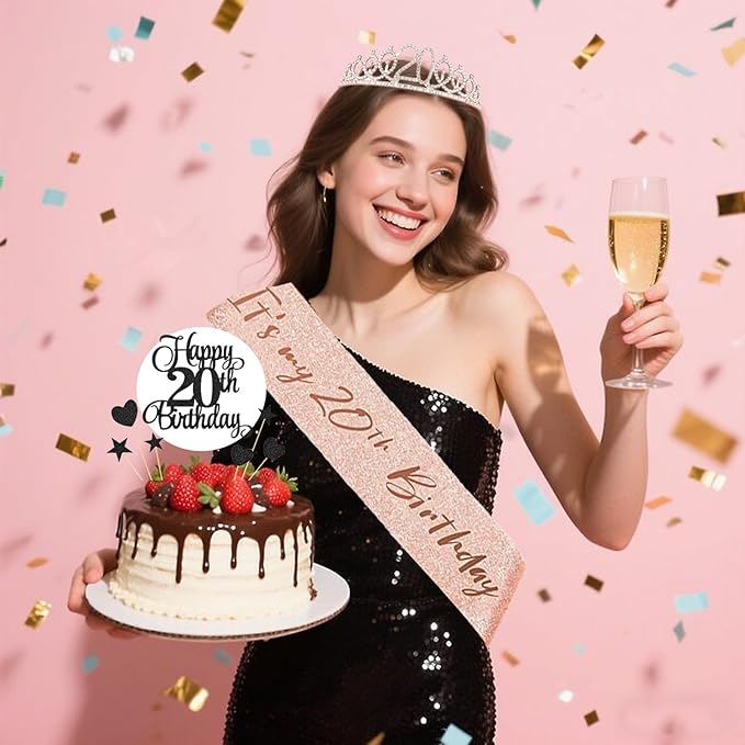 20th Birthday Decorations for Girls Women - 56pcs Rose Gold Happy 20th Banner, 20th Birthday Crown Sash, Cake Topper, Number 20 balloons, 3D Butterflies, 4 Balloon Stands kits
