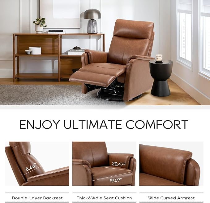COLAMY Leather Swivel Recliner Chair with Footrest, Rocker Recliner High Back with Double-Layer Cushion, Glider Recliner for Nursery & Living Room, Bedroom, Cocoa