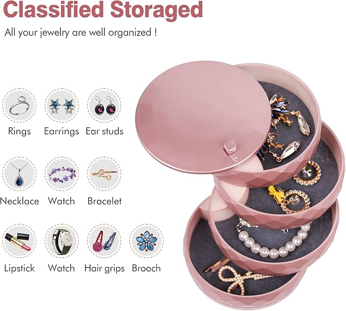 CONBOLA Travel Jewelry Case Box, Small Jewelry Organizer Earring Holder for Women, 5-Layer Rotating Jewelry Storage Tray with Lid for Bracelets Rings Bracelets