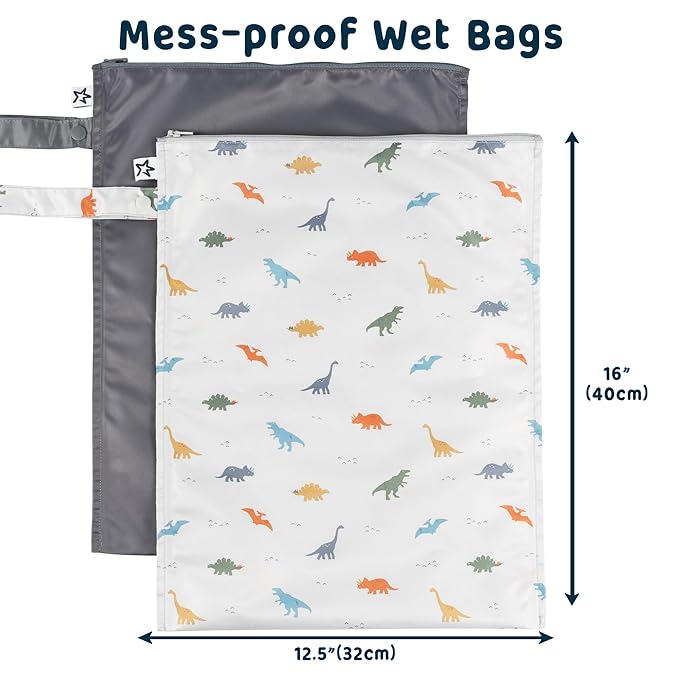Tiny Twinkle Mess-Proof Waterproof Wet Dry Bag | 2-Pack Reusable Wet Bags for Swimsuits & Baby Clothes | Leakproof Wet Bag for Travel & Diaper Changes for Baby (Dinosaur)