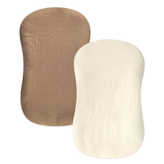 Hooyax Muslin Baby Lounger Cover 2 Pack, Soft and Breathable Newborn Lounger, Adorable Slipcover for Boys & Girls (Brown, Wheat)