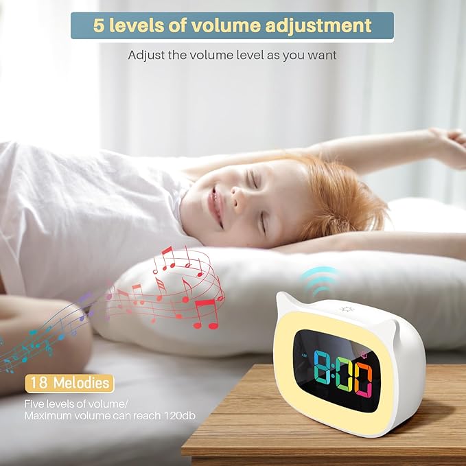 Cute Cat Ear Alarm Clock with RGB 7 Color Night Light & 18 Ringtones,Rechargeable Clock for Kids Bedroom,LED Colorful Digital Display,Bedside Clock for Boys,Girls Birthday Presents(White)