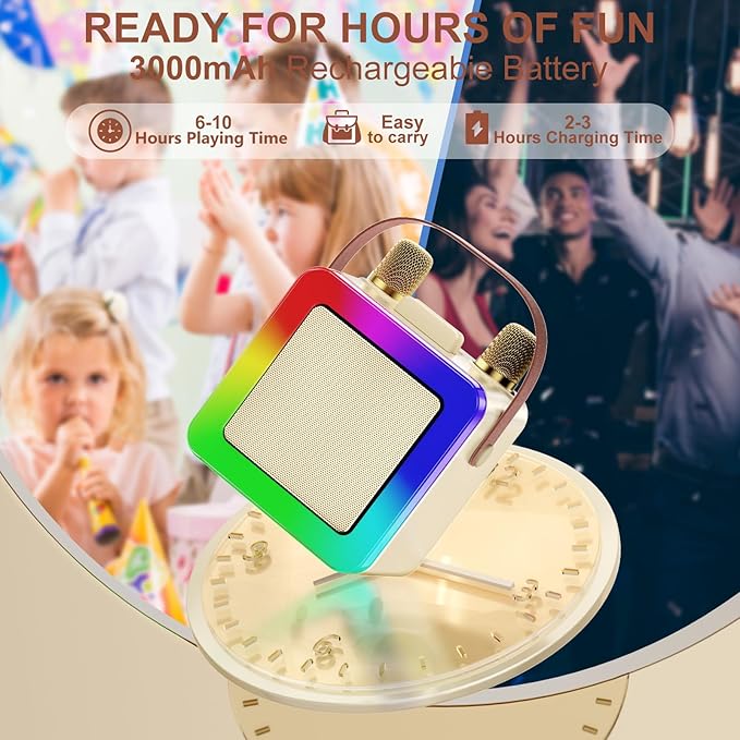 Karaoke Machine for Kids Adults, Portable Bluetooth Karaoke Speaker with 2 Wireless Microphones, Karaoke System with Mics Storage Hole and Lights, Birthday Gifts for Girls Boys Family Home Party