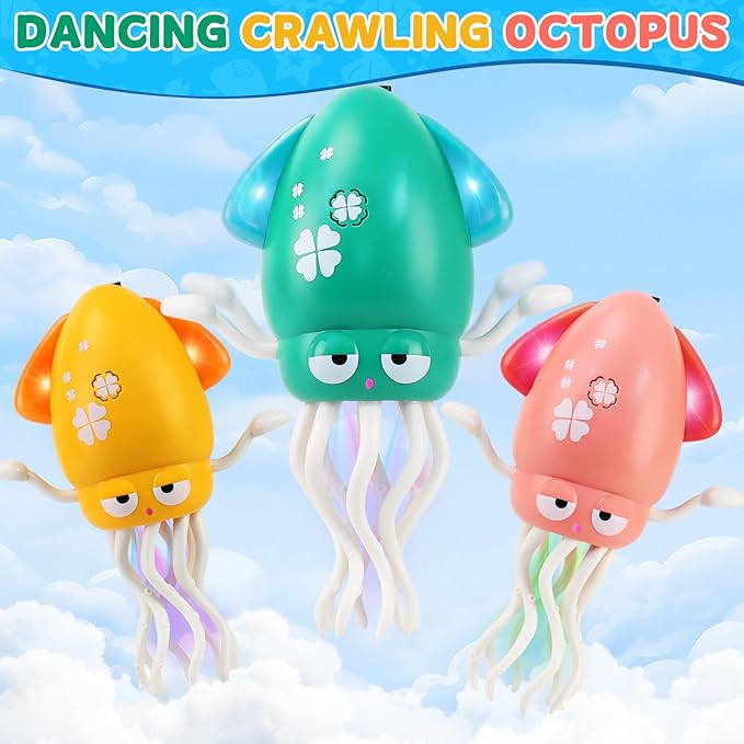 USB Rechargeable Dancing Octopus Baby Toy - Electric Crawling & Tummy Time Toy, Magical Musical Squid, Birthday for Kids Ages 1 2 3 4 5 6, Boys & Girls (Yellow)