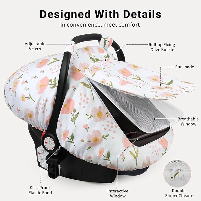 Elstey Car Seat Cover Baby, Minky Dot Carseat Covers Baby Girls, Lightweight Infant Car Seat Cover Canopy with 2 Layers Breathable Mesh Windows, Stroller Carrier for Babies Newborn Essentials