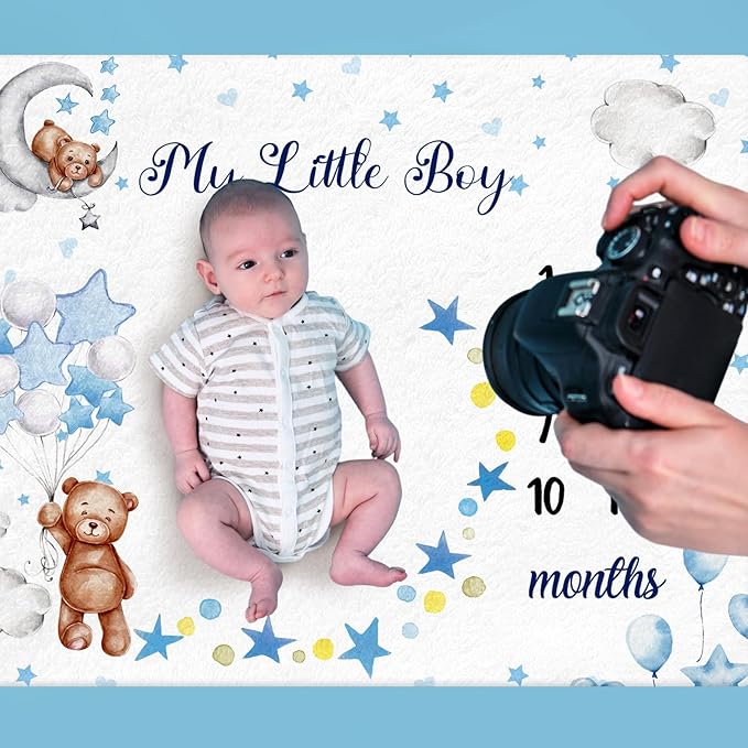 Sleeping Bear Monthly Baby Milestone Blanket Bear Star Balloon Flannel Blanket Boy Newborn Infant Swaddle Growth Baby Frame for Boys Girls Nursery (Blue)