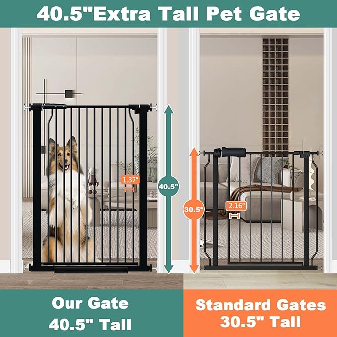 40.5" Extra Tall Baby Gate for Doorways, 32.6"-40.5" Extra Wide Pet Gate Pressure Mounted, Puppy Dog Gates Proof Indoor, No Drill Safety Child Gate, 1.37" Narrow Space Metal Black Gate