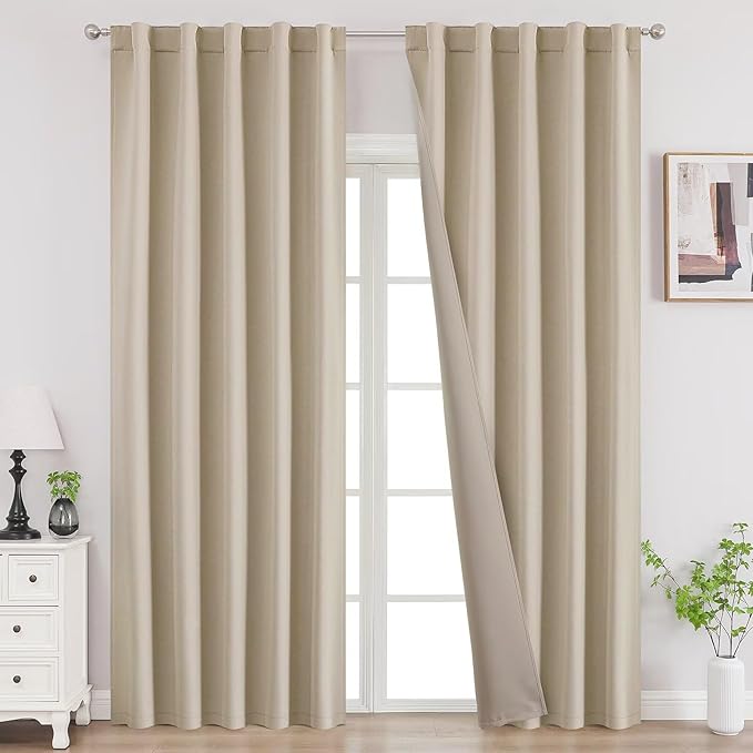 Joydeco 72 Inch Blackout Curtains for Bedroom, Thermal Insulated Black Out Curtains 2 Panels Set, Room Darkening Drapes for Living Room Window Rod Pocket Back Tab (W52 x L72 Inch, Light Beige)