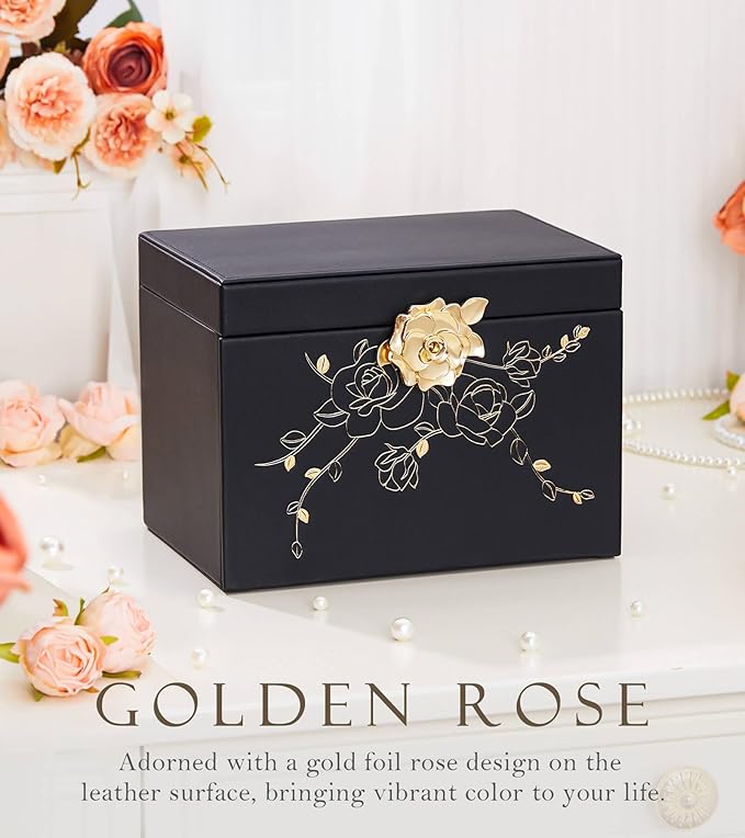 Jewelry Box with Lock for Girls: Jewelry Organizer for Dresser - 3-Drawer Earrings Storage Girls Women Gift (Black)
