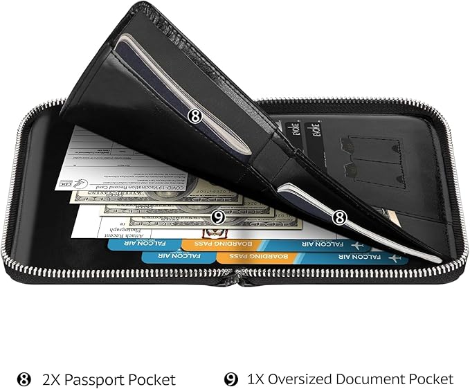 Genuine Leather Passport Wallet for Travel, RFID Blocking Cover with Zipper Closure and 3 Passport Pockets (Black)