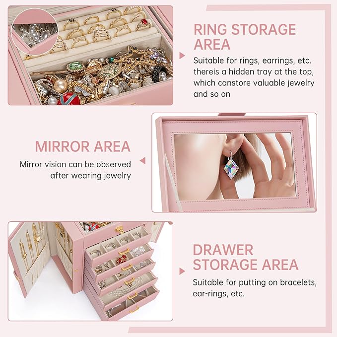 AKOZLIN 6-Tier Jewelry Box Organizer Functional 5 Drawers Leather Jewelry Storage Case for Women Girls Ring Necklace Earring Bracelet Holder Organizer with Mirror Pink