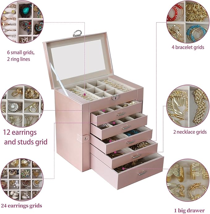 BOOVO Jewelry Box For women, 6 Layer Large Jewelry Organizer With Mirror, Multi-Function Storage Box With Lock, Accessory Holder With 5 Drawers, For Earrings Necklace Ring Bracelet (Rose Gold)